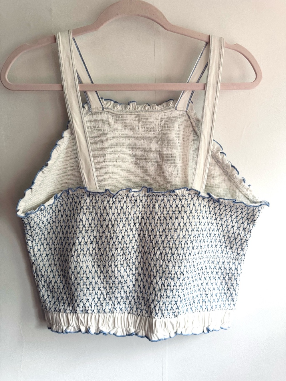 Anthropologie Smocked White and Blue Cropped Tank Top - Picture 2 of 8